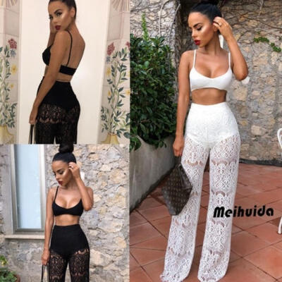 

Women 2 Piece Outfit Set Rompers Jumpsuit Long Pants Set Sleeveless Crop Tops