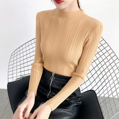 

Women Ladies Fashion Casual Autumn Winter Half-high Collar Bottoming Shirt Long-sleeved Sweater Blouse
