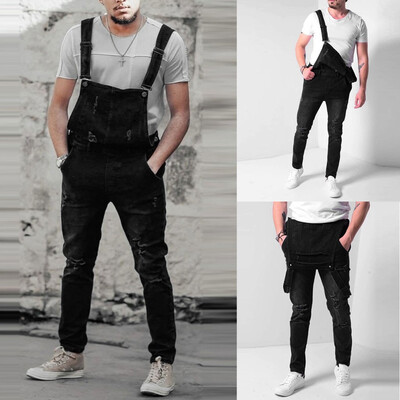 

Gobestart Mens Hole Pocket Jeans Overall Jumpsuit Streetwear Overall Suspender Pants
