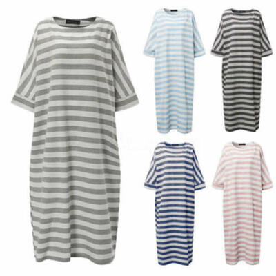 

Women Striped O-neck Short Sleeve Loose Long Maxi Dress Kaftan Robe Plus Size