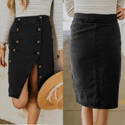

Roseonmyhand Women Fashion Elastic Button Denim Open Casual Boot Cut Skirt