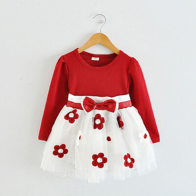 

Toddler Kids Baby Girls Long Sleeve Tulle Patchwork Flower Bow Dresses Clothes