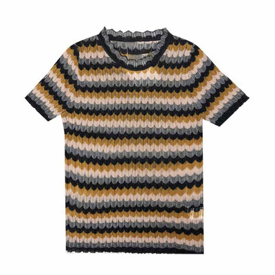 

Breathable Ice Silk Woman T Shirts Summer Autumn Slim Striped T-Shirt Knit Short-Sleeved T-Shirts Yellow Tee Tops