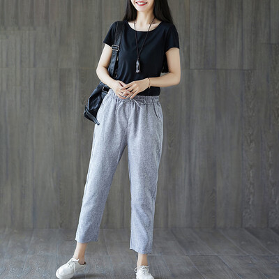 

Women Cropped Pants Elastic Waist Solid Color Slim Fit Casual Trousers XL3XL