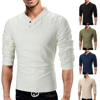 

Hot Sale Mens Fashion Long Sleeve T-Shirt Casual Linen Tops Shirt Pullover Muscle Tee