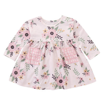 Autumn Baby Girls Long Sleeve O-Neck Simple Dress Floral Print Cute Clothes