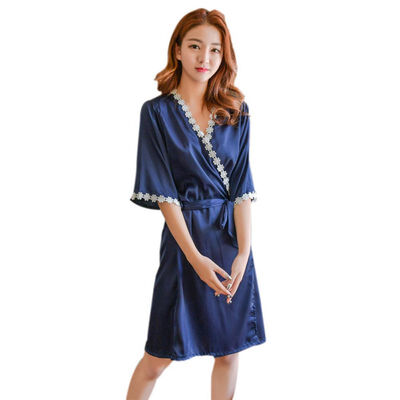 

Three Pieces Women Bathrobe Pajamas Sets For Female Lace Flower Satin silk robe Long Sleeve Summer Girls Nightwear