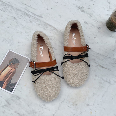 

Women wearing wool single shoes wearing autumn Korean version bow-knot flat-soled beans shoes ins tide