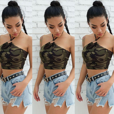 

Women Crop Tank Top Strap Backless Party Club Camo Vest Top Blouse Shirt Summer