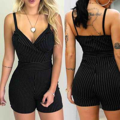 

Women Sexy Summer Striped Jumpsuit Romper V Neck Strap Short Leggings Playsuit
