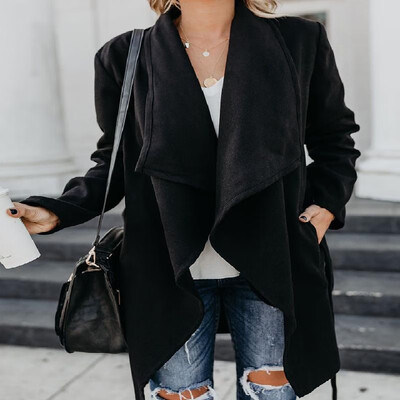 

Solid Color Dual Pockets Lace Up Open Front Notched Lapel Coat