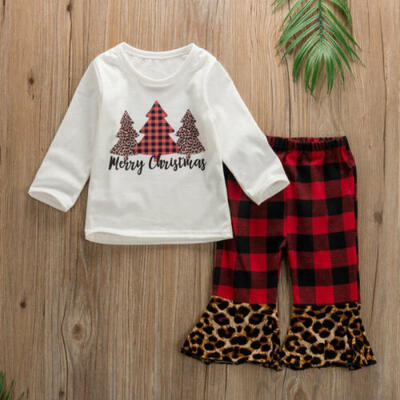 

2pcs Newborn Kids Baby Girls Christmas Tree Tops Plaids Long Pants Outfits Set