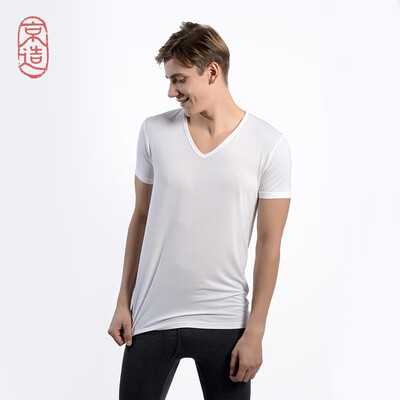 

JZAO mens thermal underwear heating fiber thin section Slim short-sleeved T-shirt white V-neck  code