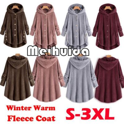 

Women Winter Fluffy Coat Overcoat Button Hoodies Jacket Outwear Loose Sweater