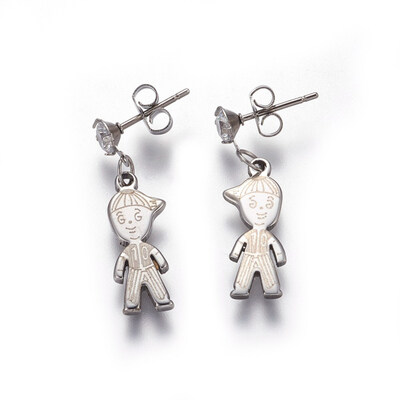 

304 Stainless Steel Dangle Stud Earrings with Ear Nuts&Cubic Zirconia Boy Stainless Steel Color 28mm Pin 08mm