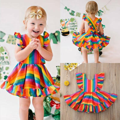 

CA 2019 Toddler Kid Baby Girl Rainbow Dress Ruffle Princess Dress Casual Clothes