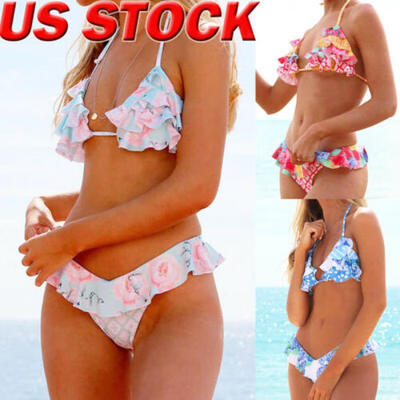 

US Womens Sexy Halter Neck Sleeveless Lace Up Solid Two Piece Bikini Set