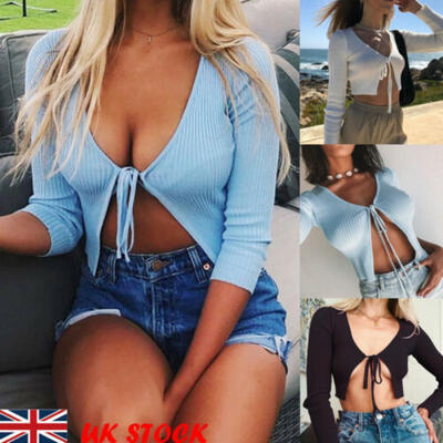 

Womens Knotted Tie Front Blouse Long Sleeve Crop Top Knit Sweater Cardigan
