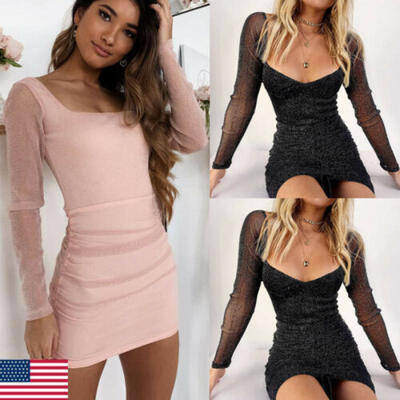 

Women Bodycon Long Sleeve Dress Evening Party Cocktail Club Short Mini Sundress