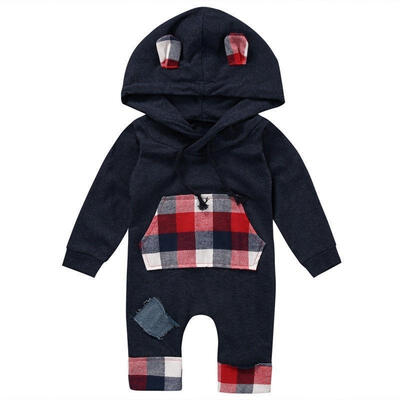 

Newborn Baby Boy Long Sleeve Plaid Hooded Romper Jumpsuit Patch Hoodie with Pocket Outfit Clothes