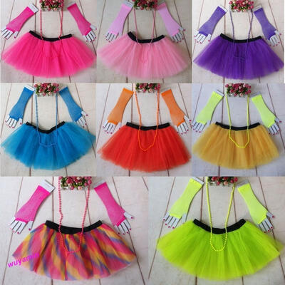

Fashion 80s Neon UV Women Tutu Skirt Beads Hen Fancy Dress Party Costumes 3PCS
