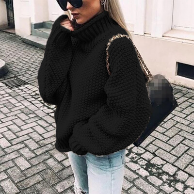 

Womens Long Sleeve High Neck Loose Knitted Sweater Ladies Casual Jumper Tops