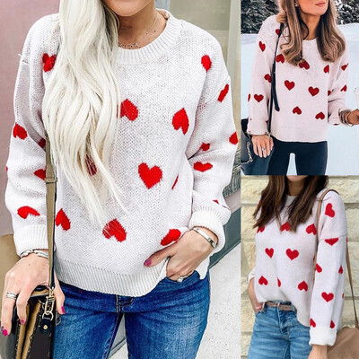 

〖Follure〗Women O-Neck Sweater Long Sleeve Knitwear Heart Shape Pullover Top Blouse