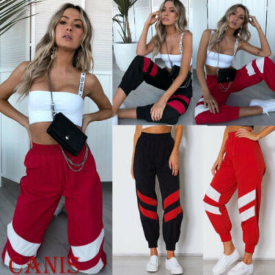 

Womens Casual Striped Joggers High Waist Sports Pants Hip Hop Hiking Trousers