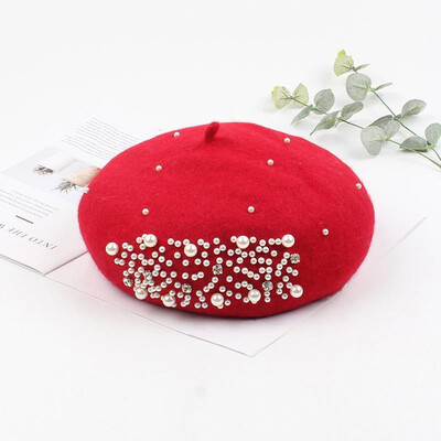 

Vintage Women Beret Hat Wool Beading Rhinestone Faux Pearl Adjustable Autumn Winter Sweet Pumpkin Hat