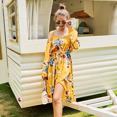 

Tailored Womens Flower Print Dress Sexy Off-the-Shoulder Long-sleeved Beach Autumn Dress