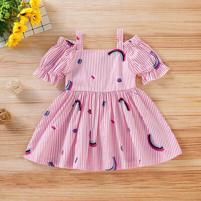 

Toddler Baby Girls Off Shoulder Striped Rainbow Print Dress Clothes