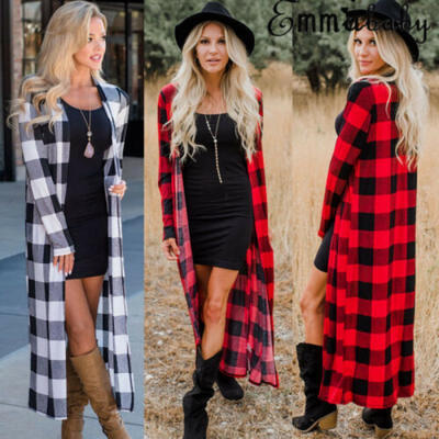 

Fashion Ladies Full Length Cardigan Sweater Plaided Long Sleeves Open Front TOP