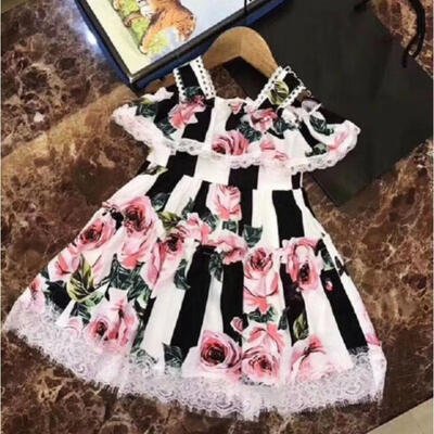 

UK Lace Kids Baby Girls Princess Stripes Floral Party Sleeveless Dress Clothes