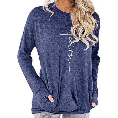 

2019 Fashion Women Letter Printing O-neck Long sleeves Pocket Casual Loose T-shirt