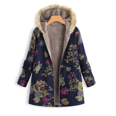 

Toponeto Women Fur Collar Zipper And Velvet Printed Cardigan Long Button Coat Outwear