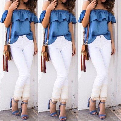 

Women Vintage Off Shoulder Tops Casual Party Jeans Shirt Blue Denim Blouse