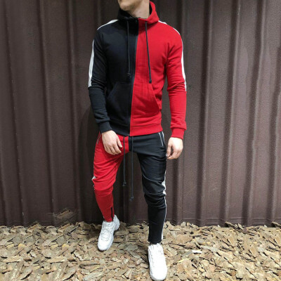 

Toponeto Mens Autumn Patchwork Zipper Sweatshirt Top Pants Sets Sports Suit Tracksuit