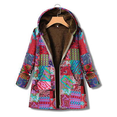 

Toponeto Women Winter Vintage Warm Printed Pockets Thicker Zipper Hooded Coat Outwear