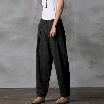 

Plus Size Women Pure Color Button Beam Foot Solid Trousers Loose Casual Pants