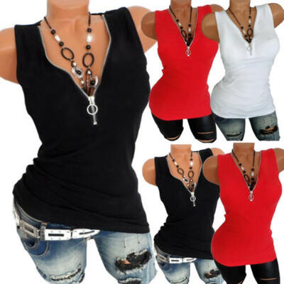 

Womens Summer Sleeveless Vest Tank T Shirt Blouse Ladies Zipper Rhinestones Tops