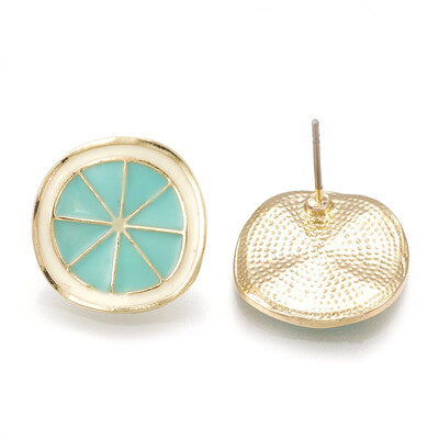 

Alloy Enamel Stud Earrings Lemon Slice Light Gold Turquoise 17x17mm Pin 07mm