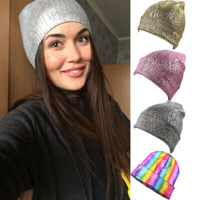 

Women Bronzing Autumn Wool Knitted Slouchy Metallic Color Skull Beanies Hat
