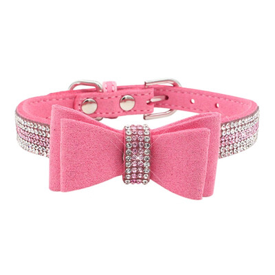 

Soft Seude Leather Puppy Dog Collar Bling Rhinestone Bowknot Kitten Cat Collars For Small Medium Dogs Cats Chihuahua Pink -L