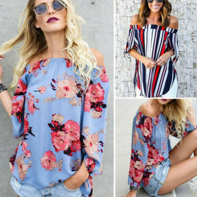 

US Women Off Shoulder Blouse Loose Casual Shirt Long Sleeve Bardot Top Size 6-14