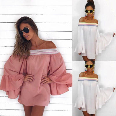 

Women Foral Boho Short Off Shoulder Dress Summer Party Mini Dress Beach Sundress