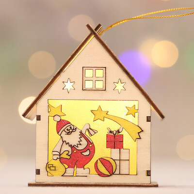 

〖Follure〗LED Light Wooden Dolls House Villa Christmas Ornaments Xmas Tree Hanging Decor