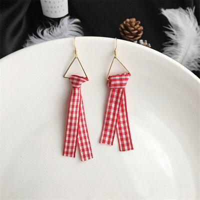 

EK364 New Personality Fashion DIY Cute Cross Grid Bow Hollow Triangle Cloth Drop Earring For Women Jewelry Long Ribbon Brincos
