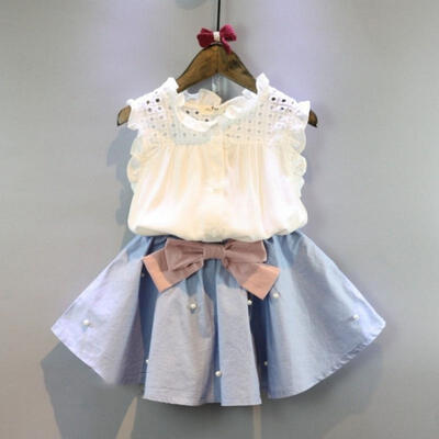 

Kid Baby Girl Ruffle Neck Sleeveless Shirt Blouse TopsBowknot Tutu Skirt Dress