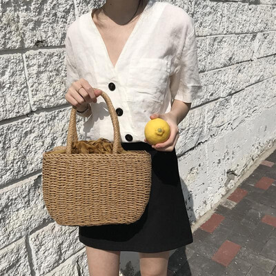 

Summer Women Square Straw Handbag Tote Drawstring Solid Color Bohemian Woven Rattan Bag Casual Shoulder Bag