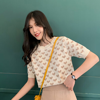 

Summer Design Women O-Neck Short Sleeve Color Block T-Shirt Heart Pattern Loose Ice Silk Knitted Tops